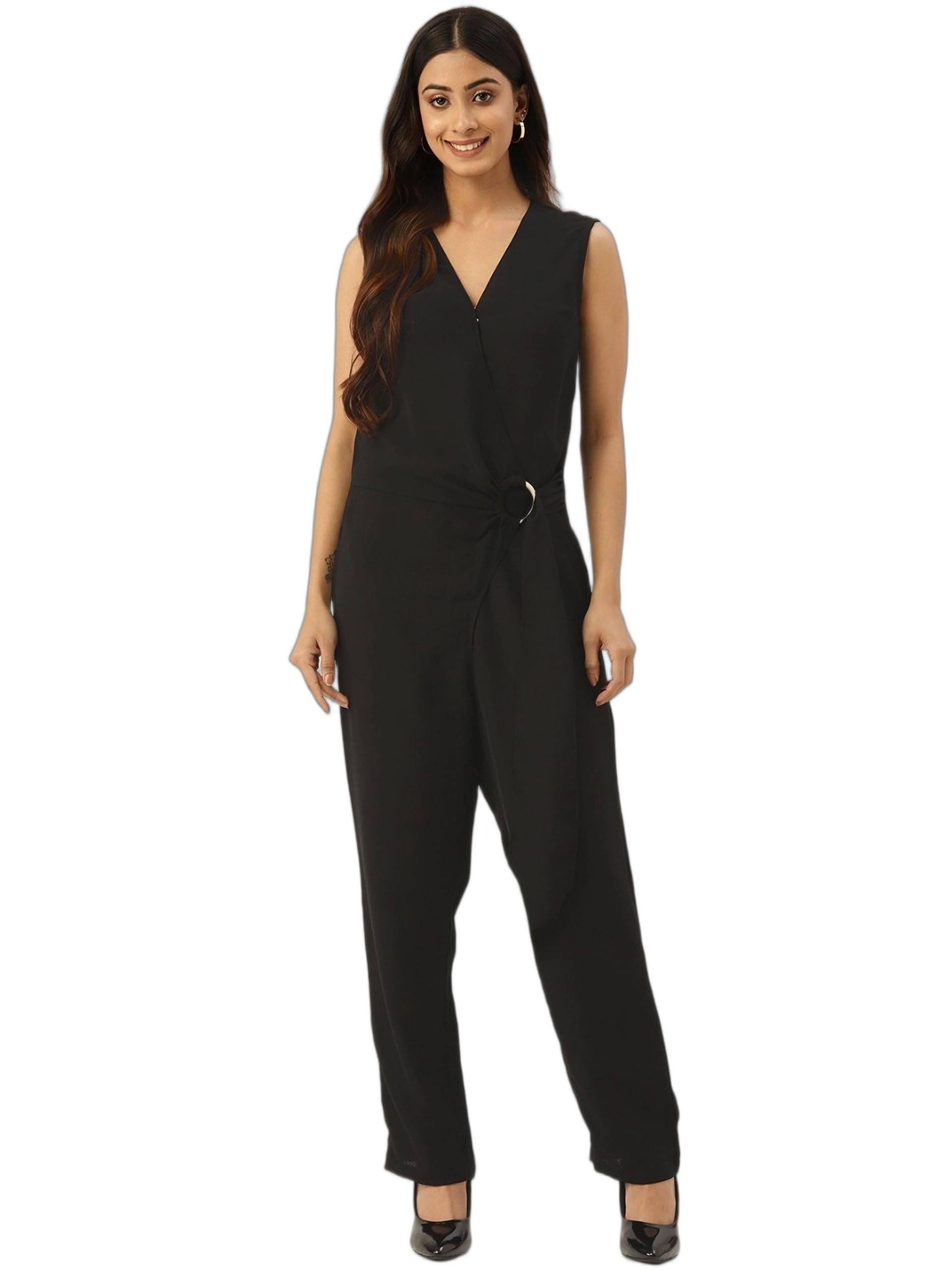 solid basic jumpsuit with waist tie-ups,has a v-neck, sleeveless, pockets