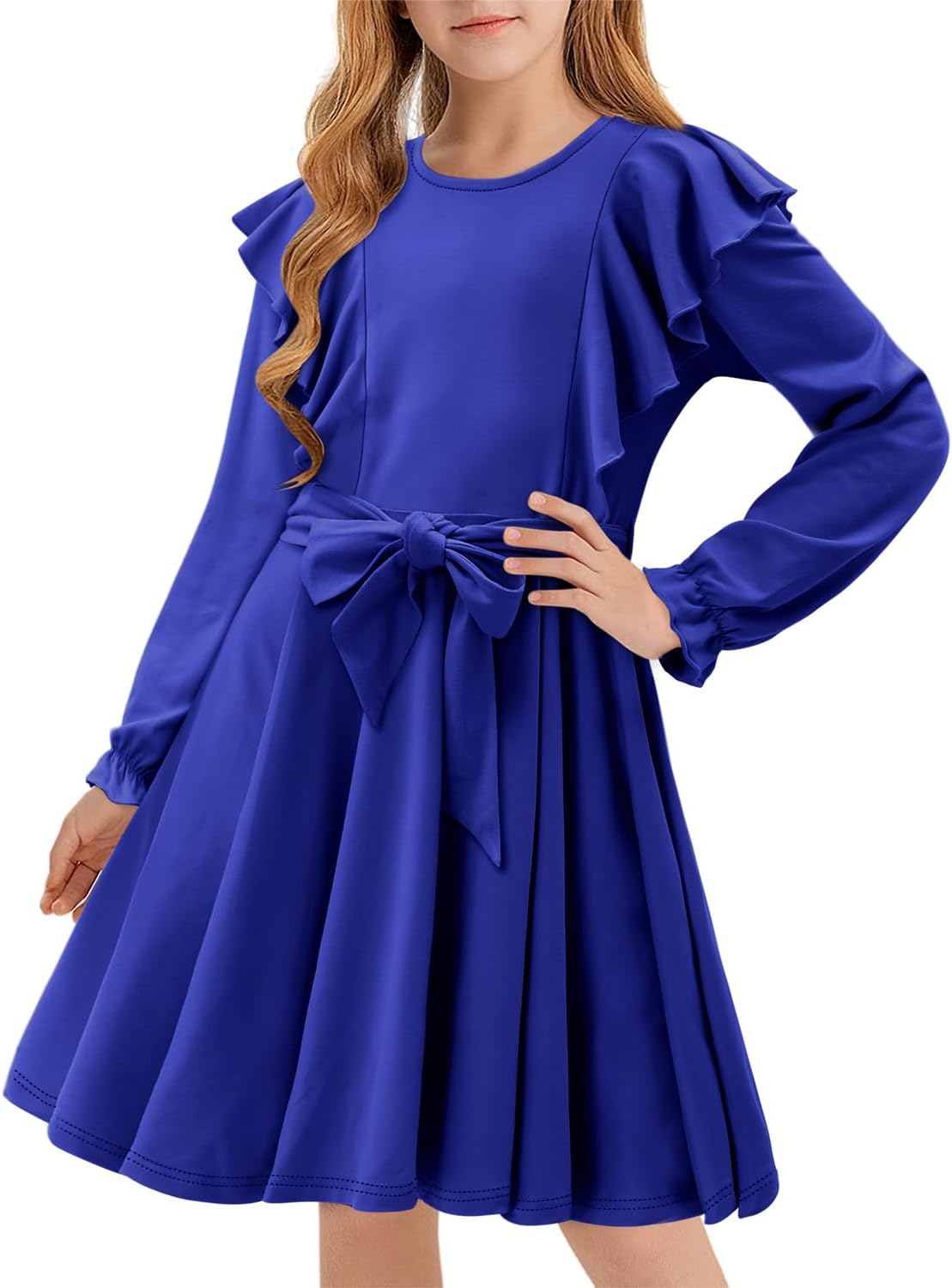 Yoklass Girls Dress Long Sleeve Ruffle Elegant Flowy Swing Dresses with Belt 4-13 Years - Image 2