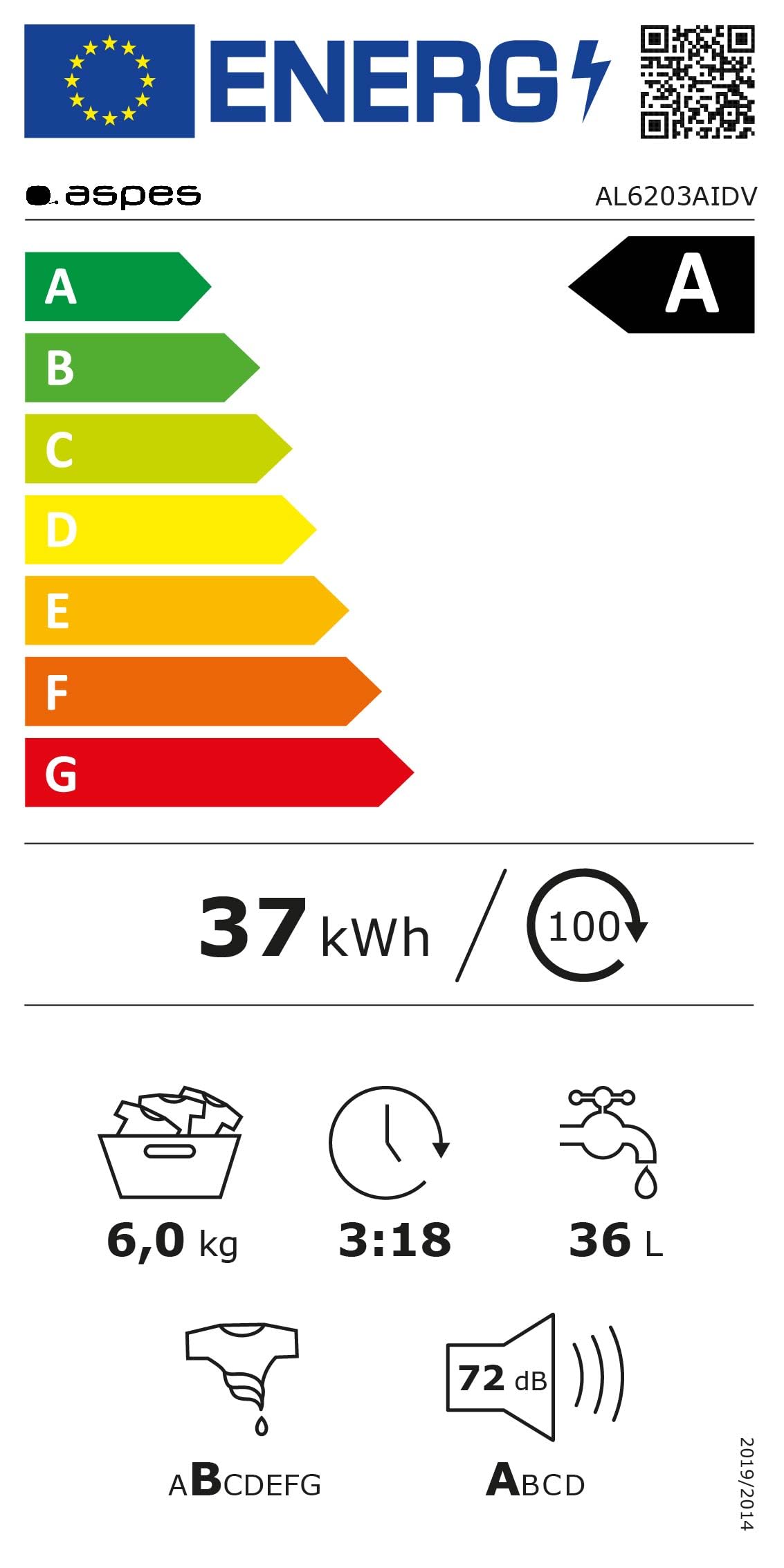 Aspes Lavadora 6Kg Carga Frontal Blanco AL6203AIDV. 1600W, 1200rpm, Motor Inverter, 11 Programas, Función Stop&Go, Tambor Diamante, Clase de Eficiencia Energética A