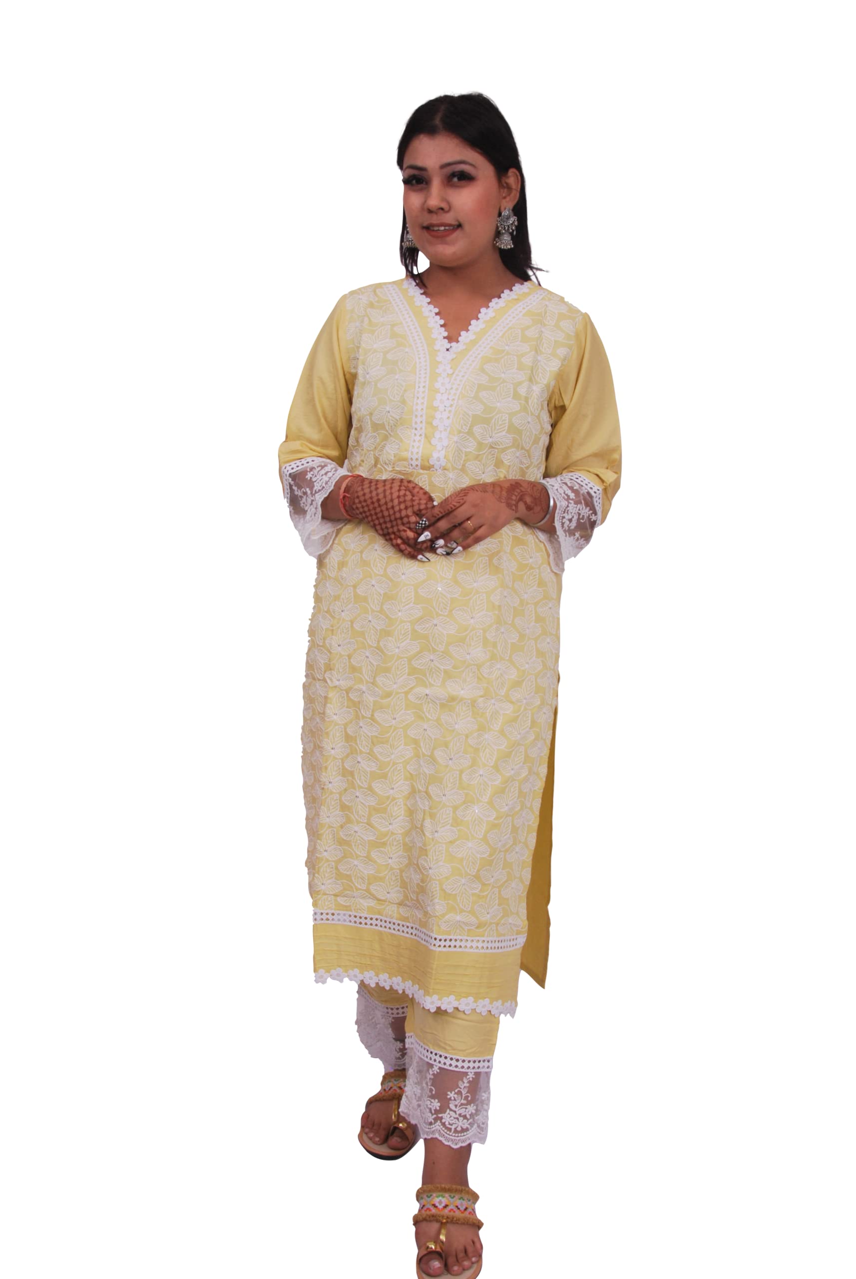 Vogueindya Cotton Embroidery, Kurta with Dhoti Pants (Yellow)