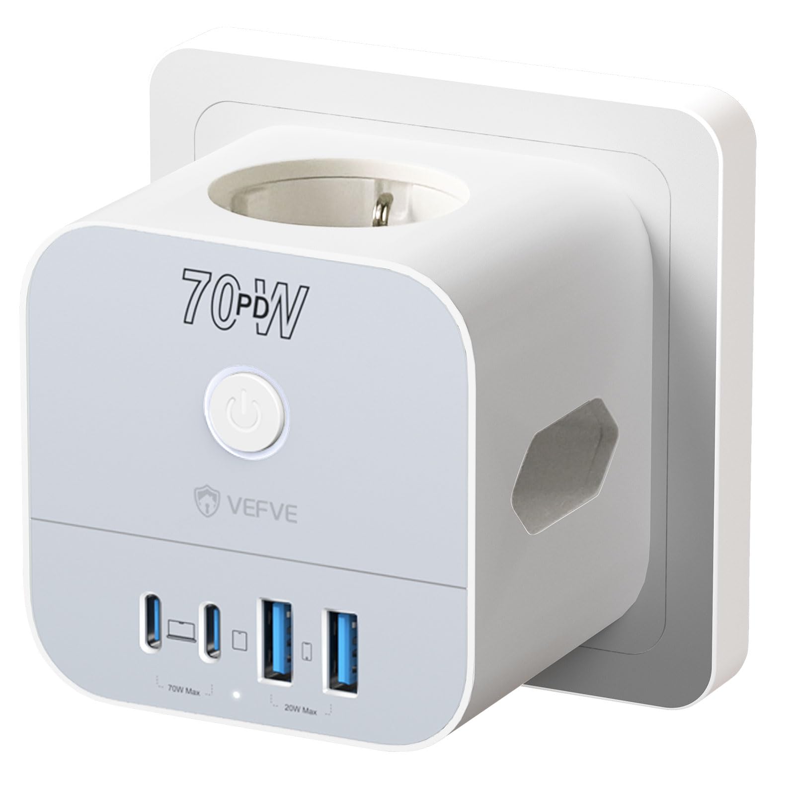 VEFVE Ladrón Enchufes Pared 70W GAN, Cubo Enchufe Múltiple 7 en 1 Sin Cable con Interruptor, Cargador Rápido USB C para iPhone 17, MacBook, Galaxy, Blanco