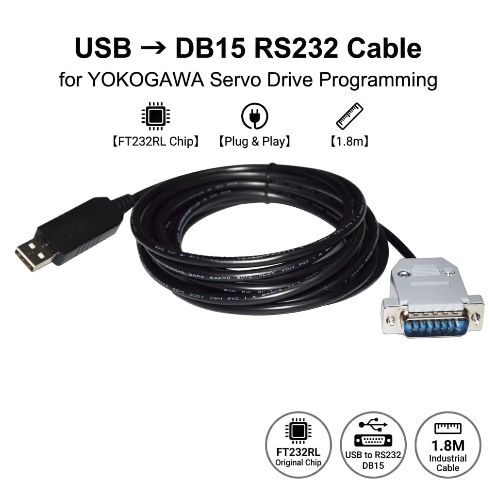 FT232RL USB to DB15 15-Pin Male Serial Cable, 1.8m for YOKOGAWA Servo Drives, RS232 Communication and PC Programming Cable