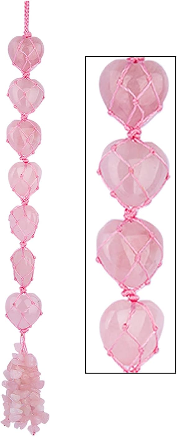 Rose Quartz Heart Healing Crystals Boho Wall Hanging Decor Ornament Home Indoor Decoration for Good Luck,Yoga Meditation,Protection, Chakra Balancing(7 Small Hearts)