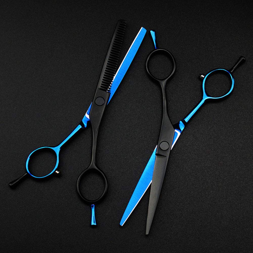 Profesional Japón 440C 5,5 pulgadas azul y negro tijeras de corte de pelo corte de pelo adelgazamiento tijeras de corte de pelo tijeras de peluquería juego para hombres y mujeres