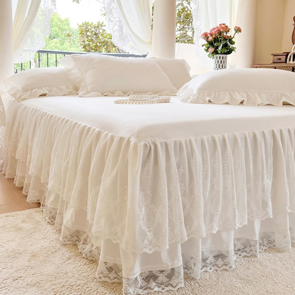 Queen Size Lace Ruffled Bed Skirt, 17 Inch Drop Easy Fit Bedskirt Bed Sheet for Hidden Box Spring & Under Bed Storage