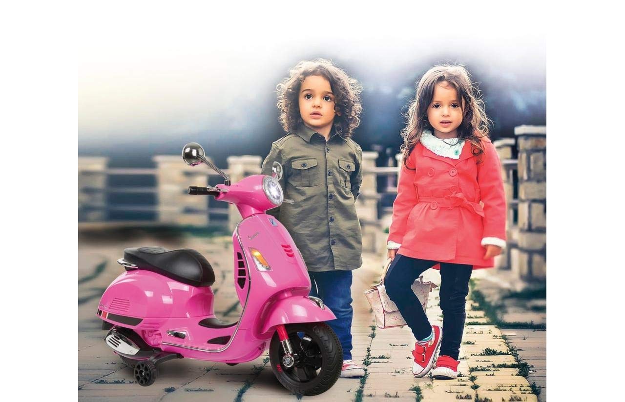 JAMARA 460349 – Ride-on Vespa pink 12 V – wydajny silnik napędowy i akumulator zapewniający długi czas jazdy, gniazdo na karty SD, złącze AUX i USB, ultra uchwyt gumowy na koło, koło podporowe, reflektor LED