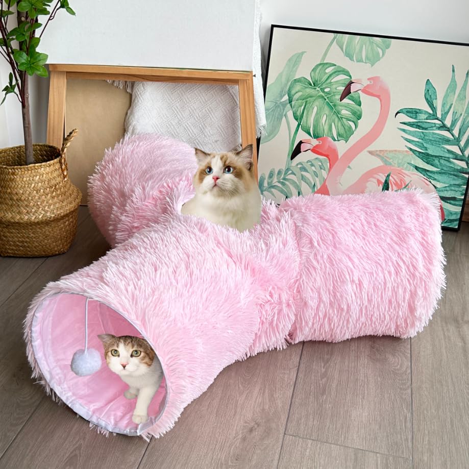 Mabaytir 3-Way Collapsible Cat Tunnel Tube Toy Pink Plush