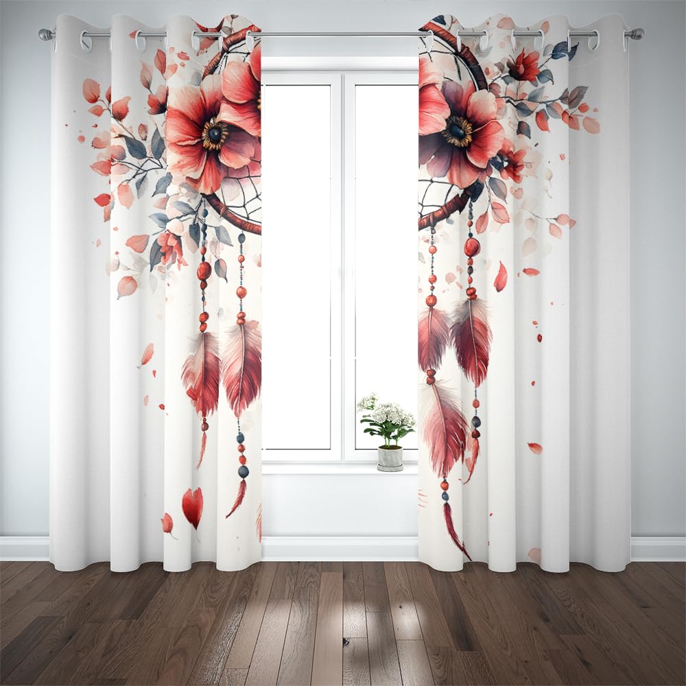 Vorhänge Wohnzimmer Blickdicht Gardinen Verdunkelungsvorhang Schlafzimmer Kinderzimmer Thermovorhang Fensterdekoration 3D Weißer Traumfänger Mit Roten Federn Muster Ösenschal 2Er Set 234X230