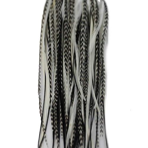 Extensiones de pelo de plumas, 100% plumas de gallo reales, color blanco y negro Grizzly 5 plumas unidas en la punta