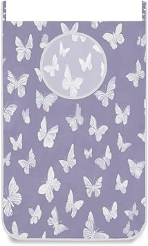 1PC Hanging Laundry Hamper Bag Over the Door Laundry Hamper Wall Hamper Large Dirty Clothes Hamper with Stainless Steel Hooks 29.5x20Inch White Butterfly Purple