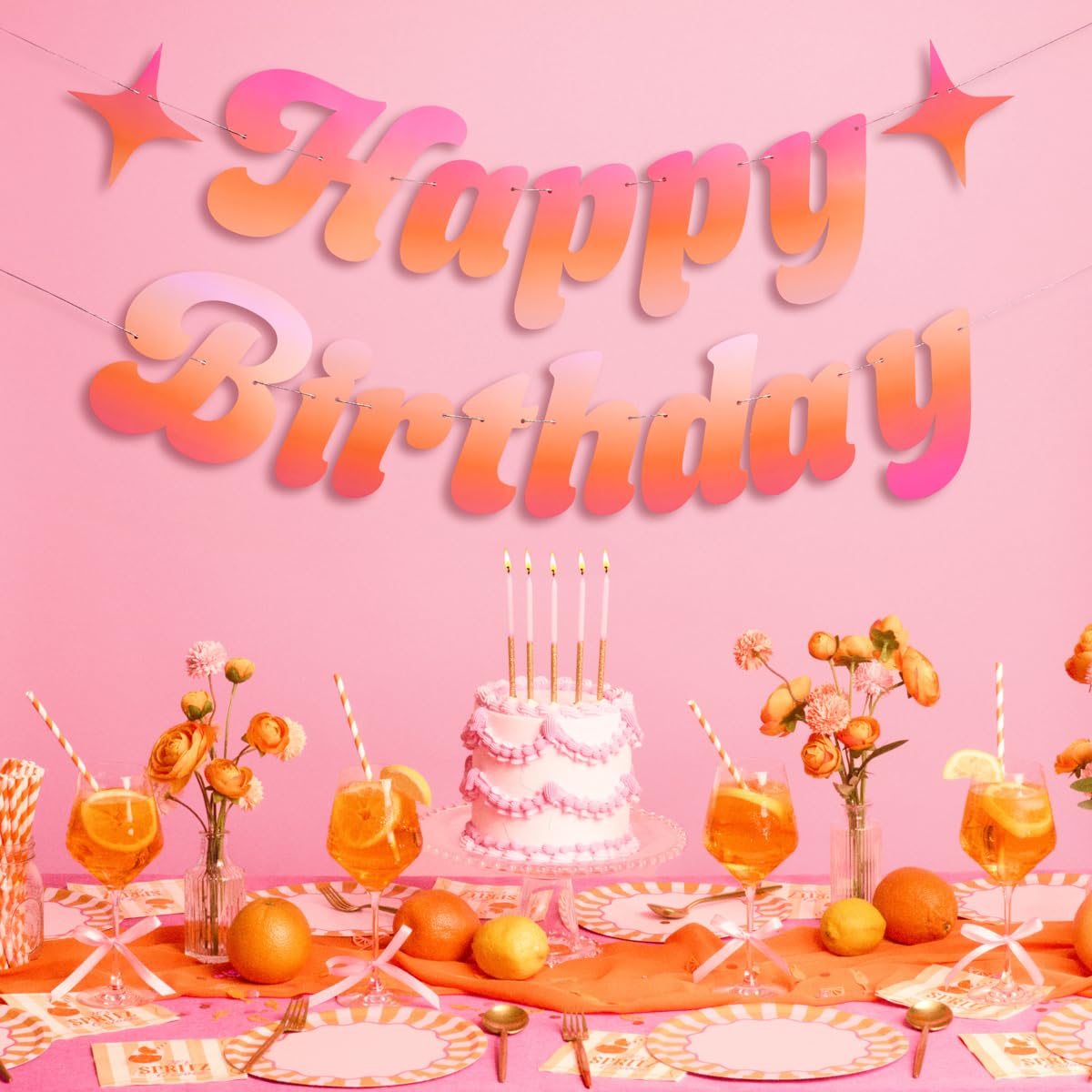 Photo 1 of ** missing balloon**xo, Fetti Happy Birthday Pink + Orange Banner | Birthday Party Decorations, Kids Party, Backdrop, Sign, Garland, Summer, Pool, Tropical Vibes
