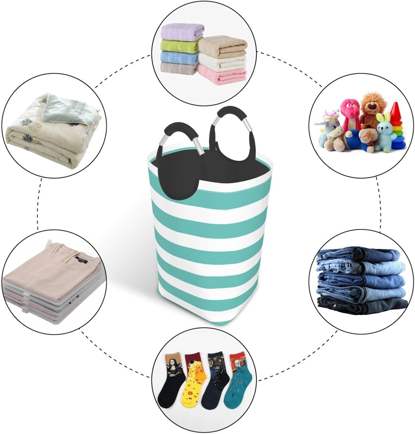 Large Laundry Basket, Teal White Stripes Laundry Hamper Bag Collapsible Washing Bin With Handles for College Dorm, Family Essentials Storage