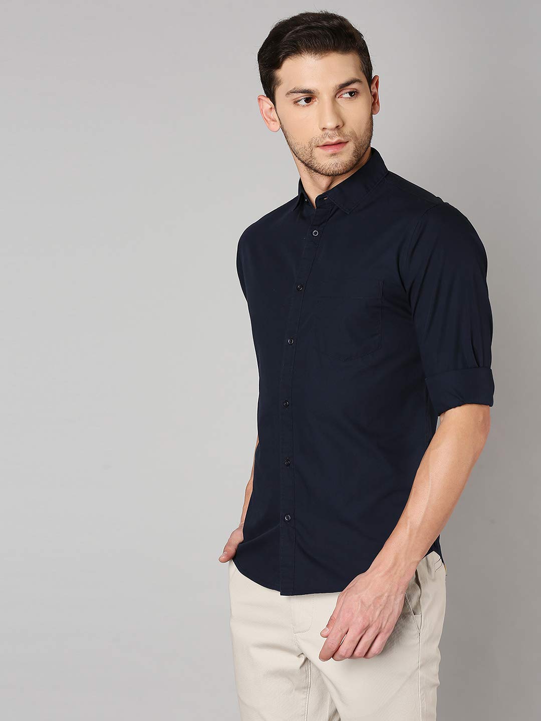 Dennis Lingo Men's Cotton Navyblue Solid Casual Shirt (C301_Navyblue_XL) 2