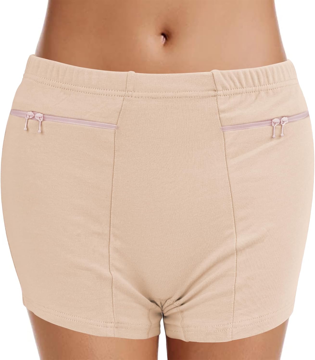 LUEXBOX Pocket Pantie for Women, Travel Underwear with Secret Pocket Panties Women's, 4 Packs (Light Brown)