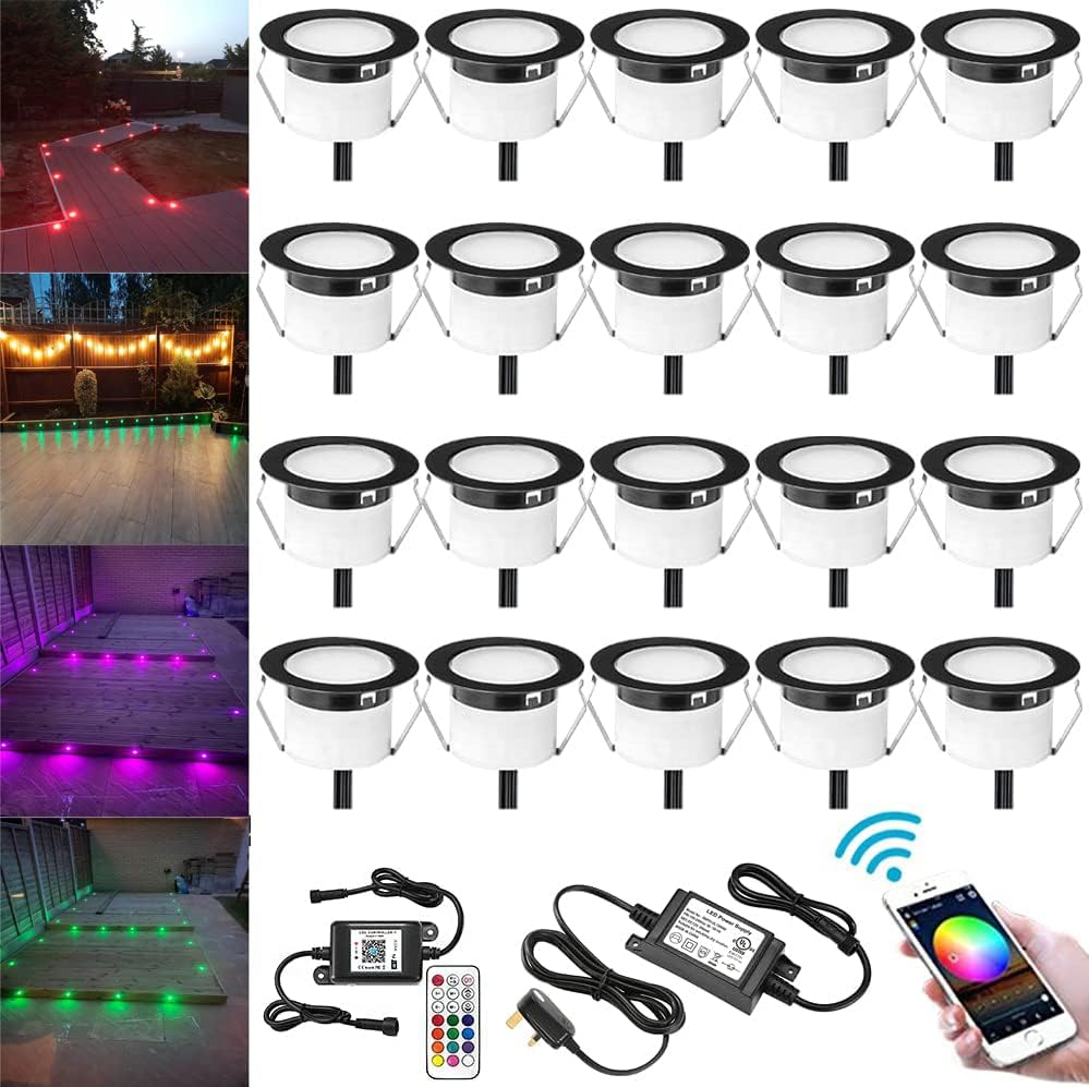 GEYUEYA Home Decking Lights RGBW, Ø31MM 12V RGB/Warm White Change Colours WiFi Controller Waterproof IP67 LED Deck Lights for Patio Path Steps Garden Decoration with 24 Keys Remote Controller-6 Packs