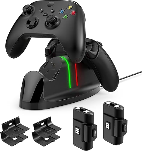 Auarte Cargador de controlador para Xbox OneSeries XSElite, estación de carga dual con 2 paquetes de baterías recargables de 1400 mAh (3360 mWH) y 4