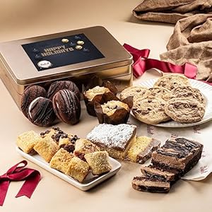 Dulcet Gift Basket Holiday Baked Goods Gift Box – Luxurious Gourmet Bakery Dessert Gift Tin Box with Whoopie Pies, Muffins, Cookies, Crumb Cake, Delicious Pastry for Girlfriend, Mom, Dad, Daughter, Him, and Her