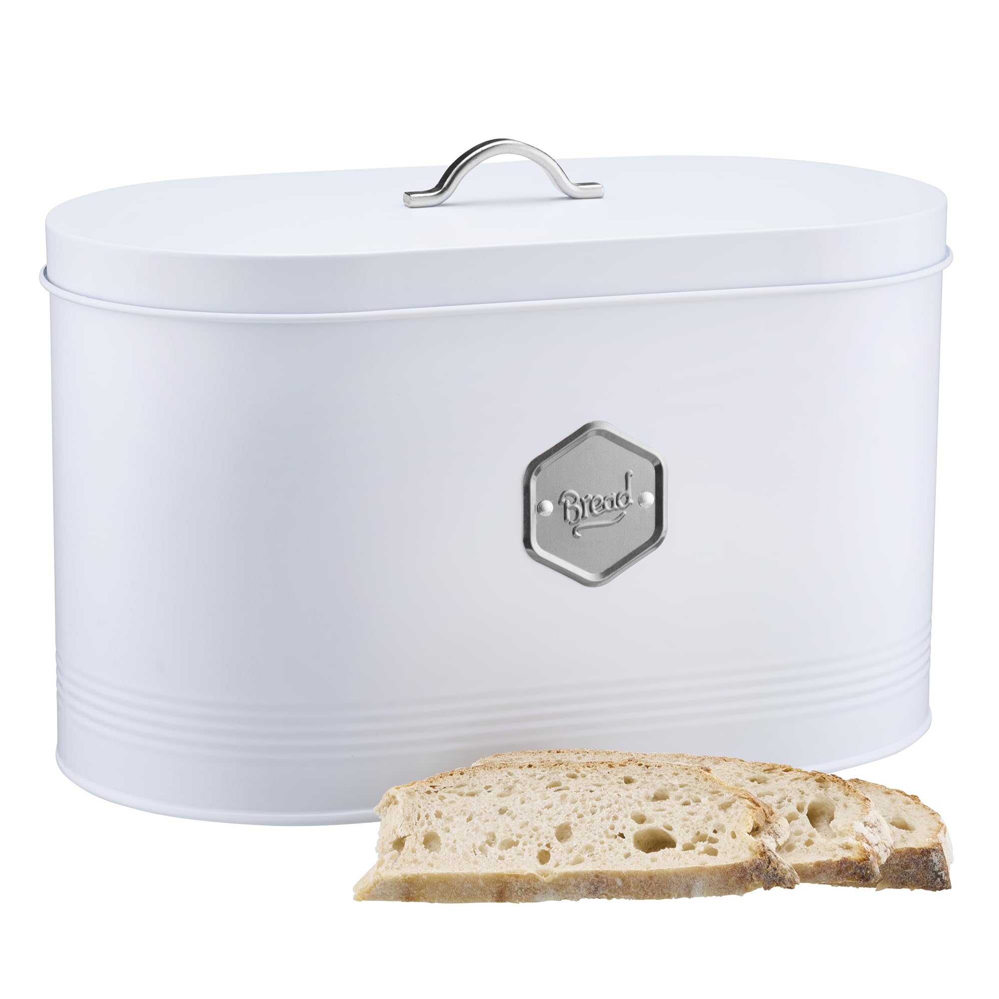 Cooks Professional White/Silver Bread Bin | Modern Stylish Kitchen Countertop Labelled Metal Storage Canister | Breathable Container Box For Loaves, Pastries, Rolls | &