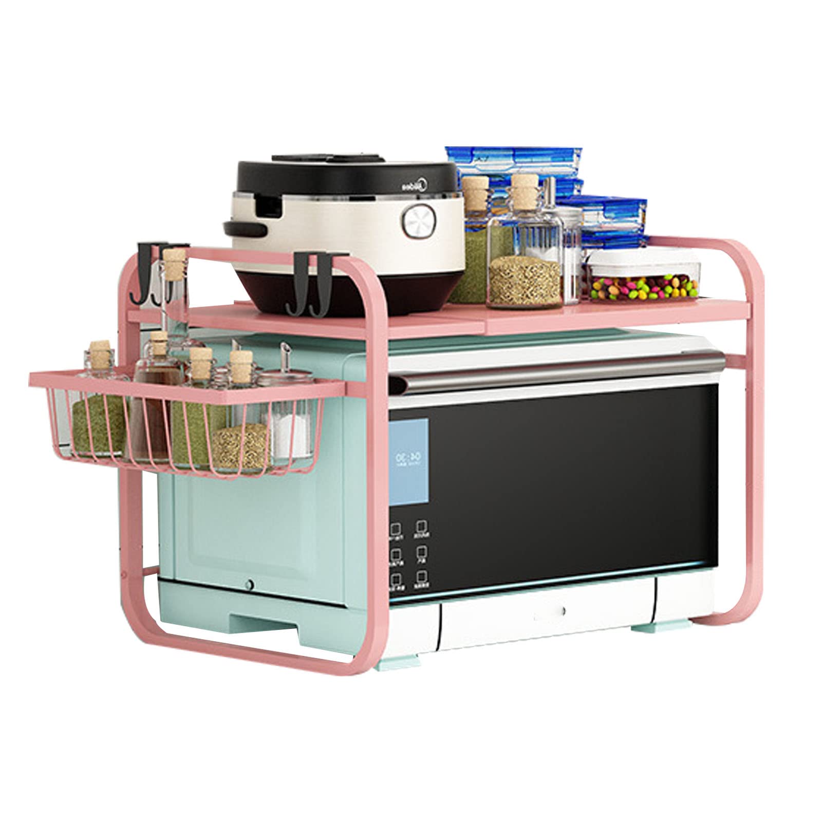 Support micro-ondes extensible en acier 2 niveaux avec 4 crochets pour cuisine
