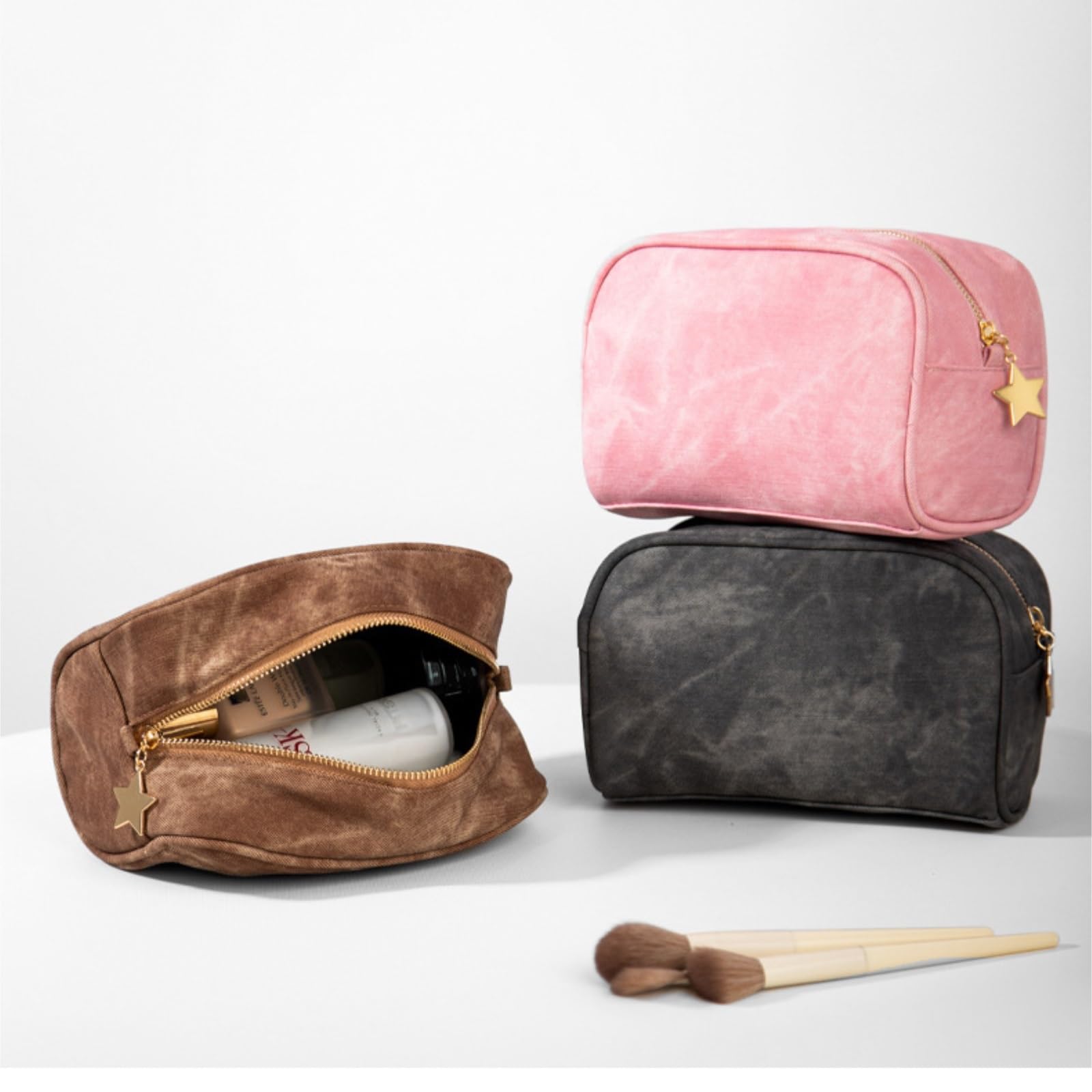 Neceser Maquillaje Bolsa de Maquillaje con Estampado de Piel de Oveja de PU, Gran Capacidad, for Viaje, artículos de tocador y cosméticos, con Estampado de Mezclilla de Cuero Viaje(CAF�)