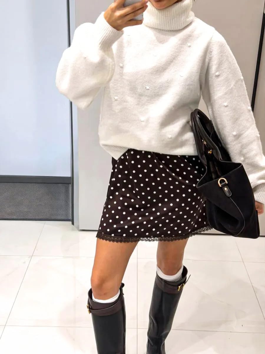 Polka Dot Mini Skirt High Waisted A-Line with Lace Hem Skirt Cute Outfit for Women
