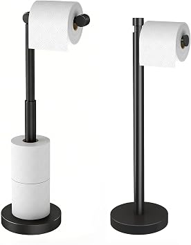 Matte Black Toilet Paper Holder Set - 1 Reserve Storage Stand & 1 Minimalist Dispenser, Rustproof Heavy Base