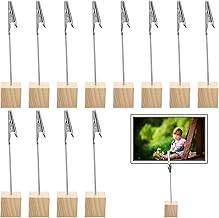 Huybaa 12 Pieces Wooden Photo Holders with Crocodile Clips, Multifunctional Card Holders for Home Office Decoration, Wedding Party, Menu Holder and Table Number