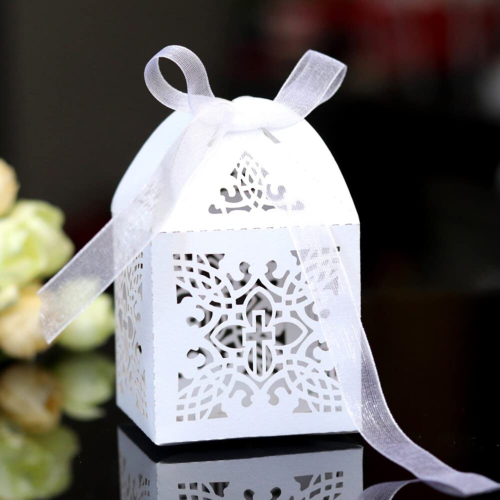 Benbilry 50 Pezzi Bomboniere Matrimonio – Scatoline Regalo In Carta Con Nastro, Motivo Floreale Laser, Bianco Titanio, 5x5x8 Cm