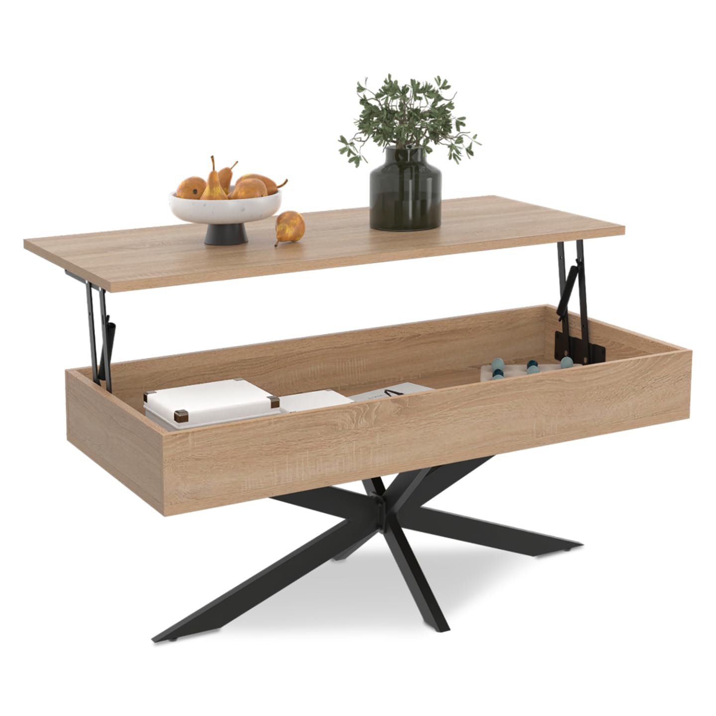IDMarket - Table Basse Plateau relevable rectangulaire Alix 100 cm Pied araignée Bois et Noir