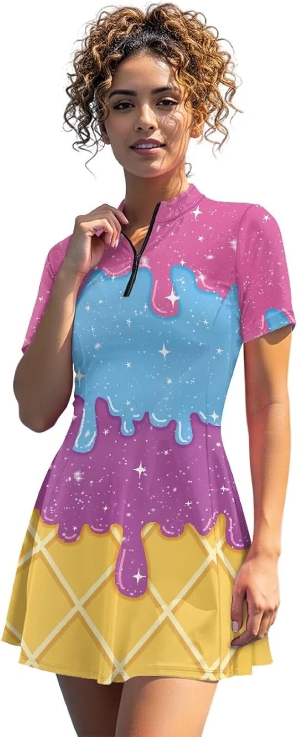 Golf Dress for Women Quarter Zip Collar Tennis Dresses Sports Skirts with Shorts and Pockets
