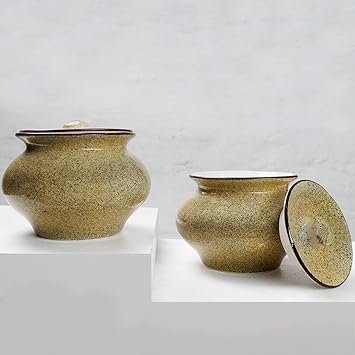 The Earth Store (Set of 2) 1300ml Each Handcrafted Yellow Coastal Ceramic Handi for Serving | Dahi Handi | Biryani Handi with Lid for Dining Table/Home/Kitchen (Yellow)