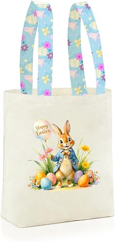 DCLOVERY Easter Basket Bunny Canvas Tote Bag, 12.2x11 Inches, Natural Canvas, Hand-Carry, for Gift and Easter Egg Collection (C-Blue)