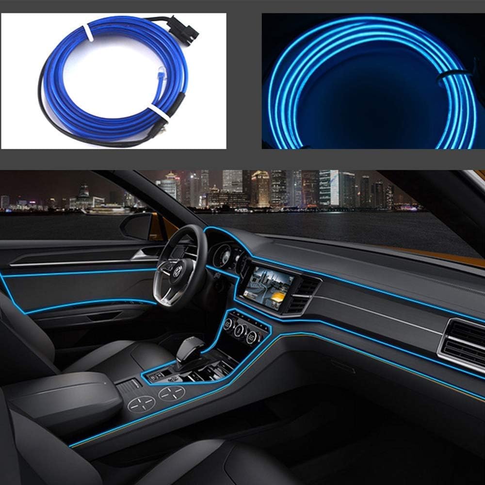 USB Neon LED Light Glowing Electroluminescent Wire/El Wire for Automotive Interior Car Cosplay Decoration with 6mm Sewing Edge(Blue, 5 M)