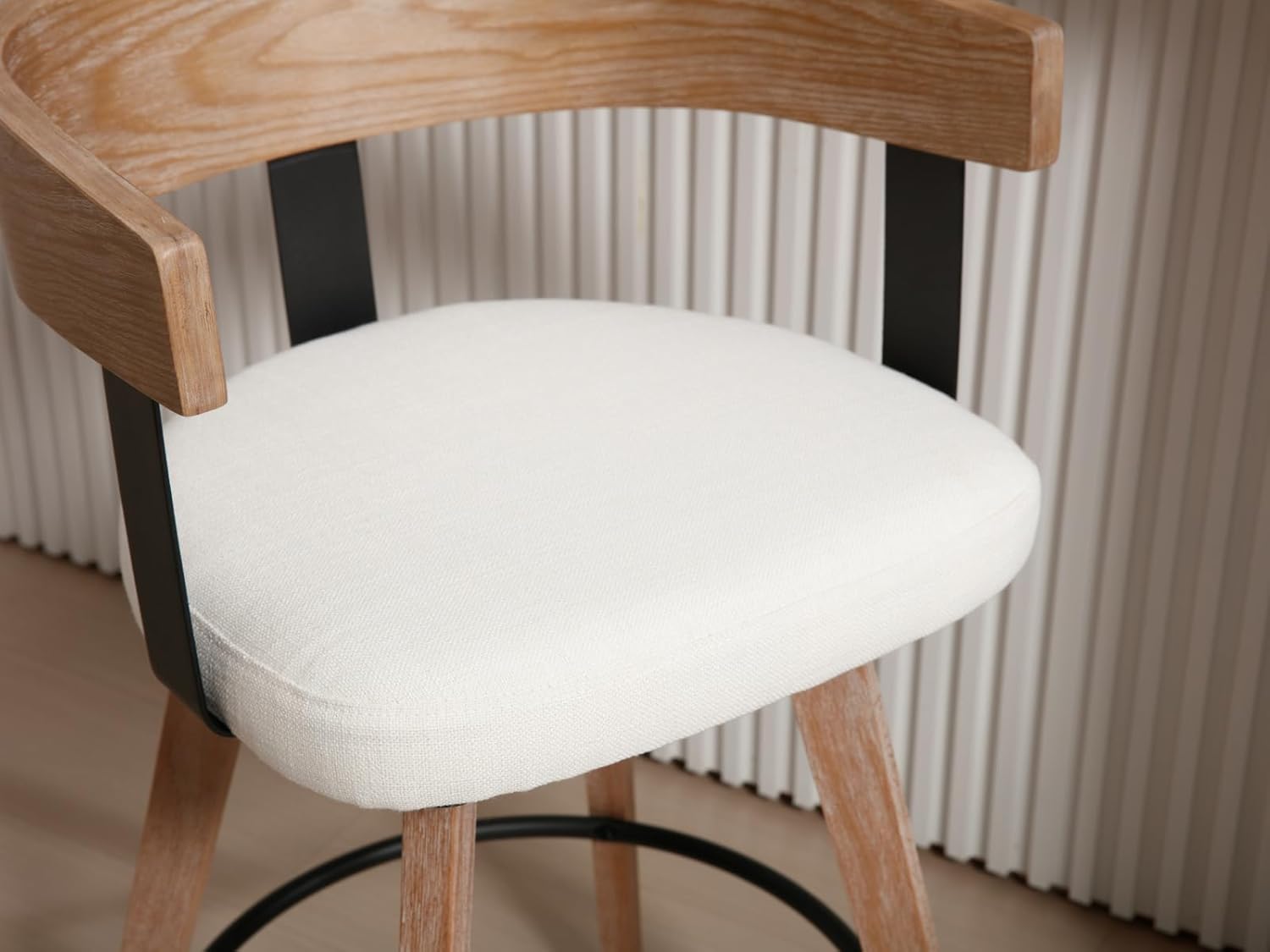 Swivel Bar Stools Set of 2, 26" Upholstered Counter Height Bar Stools with Footrest, Modern Barrel Bar Chairs Wood Barstool with Linen Seat for Dining Room Kitchen Island Home Bar, White