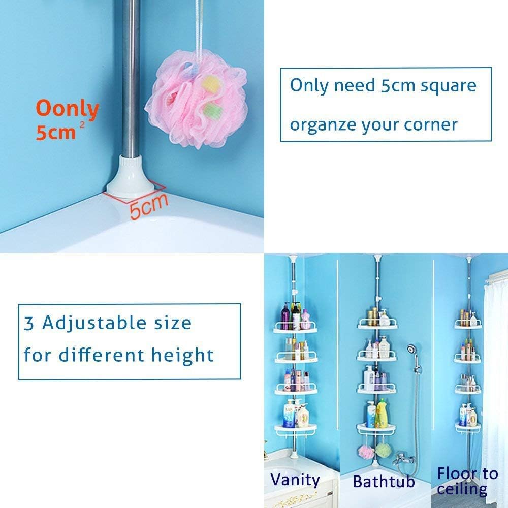 Close-up of the shower caddy base in a corner, showing it requires only 5cm of space.