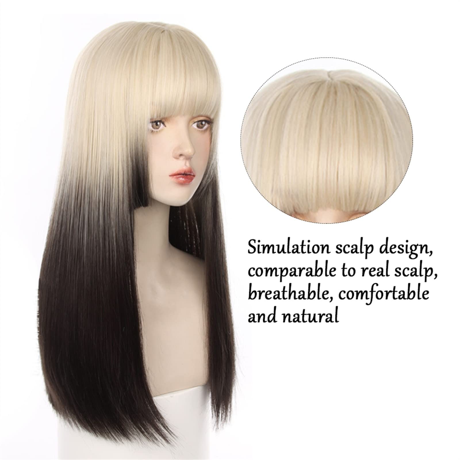 Perücke Perücke mit langem glattem Haar und Pony, blonder Farbverlauf, schwarz, grau, gerade Perücke, natürliche, hitzebeständige, synthetische Partykostüm-Cosplay-Perücke for Frauen Damen Perücken