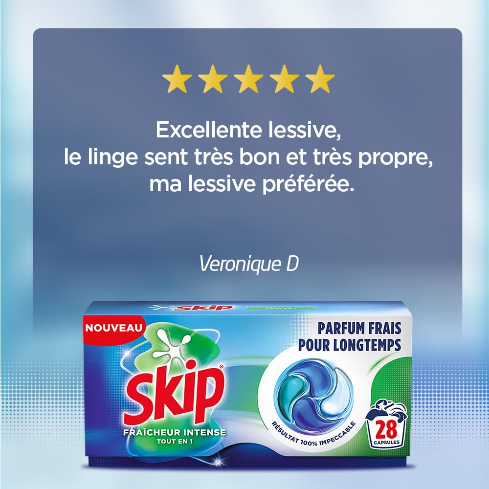 Skip - Capsules Lessive, Tout en 1, Fraîcheur Intense, 4x28 Lavages | Élimine les taches dès le premier lavage, efficace en cycle court et à froid, parfum longue durée, 112 capsules