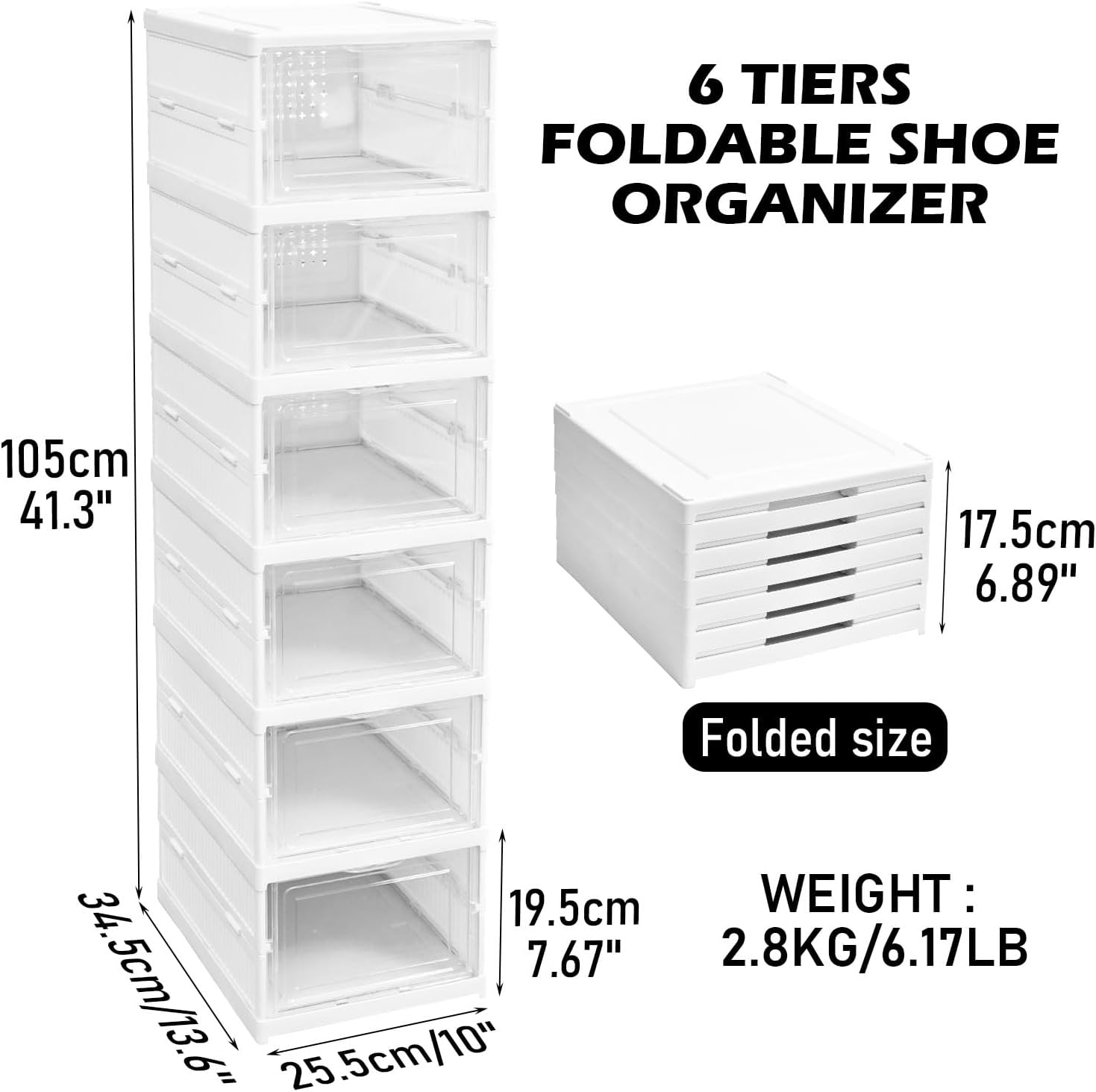 Foldable Shoe Storage Box, No Assembly 6 Tiers Shoe Organizer with Clear Door, Stackable Shoe Sneaker Standing Rack for Entryway Living Room Bedroom