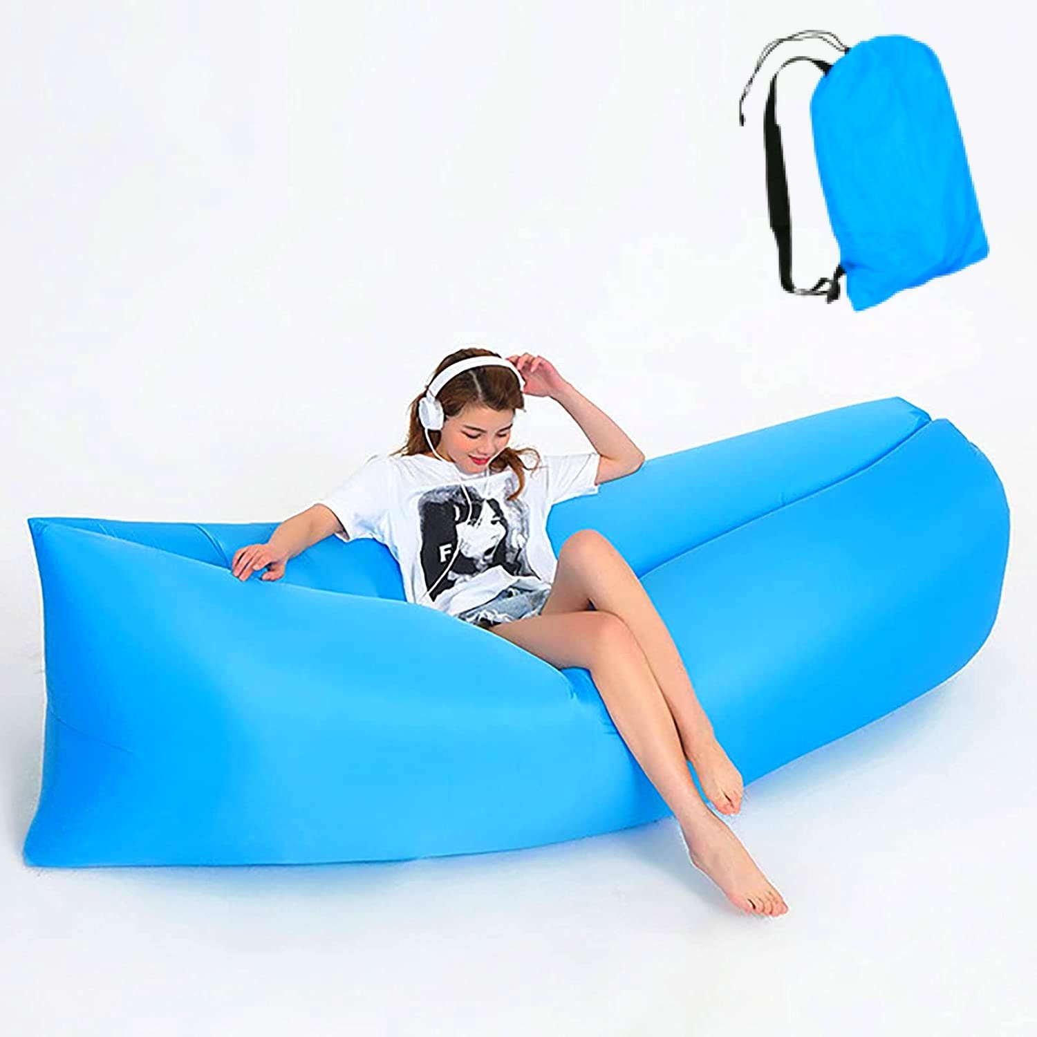 ReTaaj Popular Lazy Inflatable Air Bed Sleeping Adult Beach Lounge Couch Chair Quick Folding Camping Sofa Bag Anti Leakage Waterproof, 240x70cm, Blue