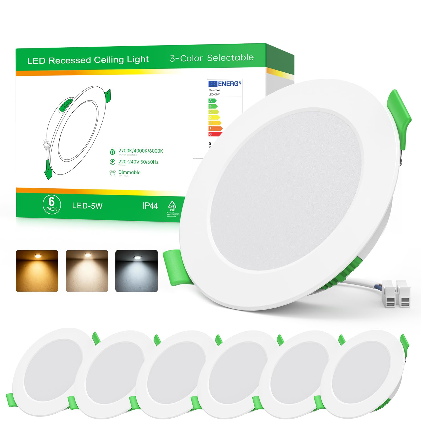 Nevoke LED Einbaustrahler 230V 5W Dimmbar 6er Set, Einbaustrahler LED mit 3 Farbtemperaturen 2700K/4000K/6000K, LED Spots 230V, 68–75mm Lochmaß, 24mm flach, IP44 Deckenspots für Bad Küche Wohnzimmer