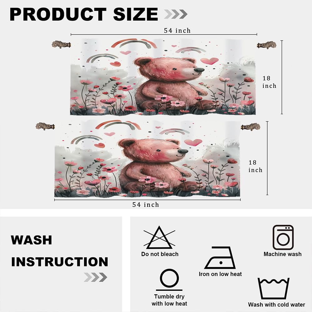 TOWINSFB 2 Pack Rainbow Bear Flower Window Valances, Rod Pocket Cute Cartoon Forest Animal Window Treatment Short Curtains for Kitchen/Bathroom/Living Room, 54