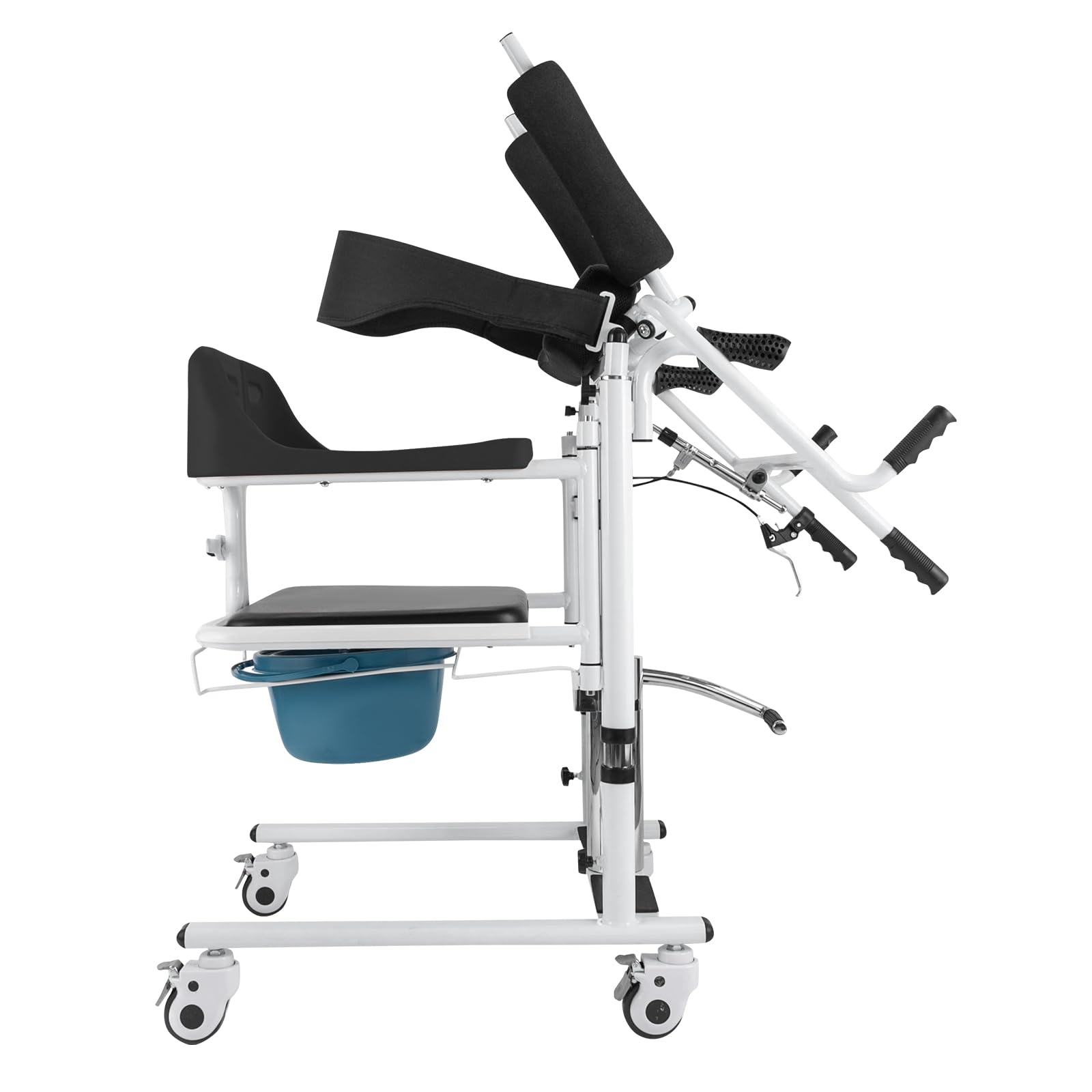 Hydraulischer Patientenlifter Multifunktionale Transferhilfe mit Toiletteneimer Hebestuhl 150kg Tragfähigkeit Hubhilfe mit 4 Bremsrollen Sitzhöhe 48-68cm Pflegelift für Senioren Schwarz 54x85cm