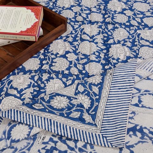 Image of TOAI Hand Block Printed Bedsheet | Bed Sheet Flatsheet | Pure Cotton | Double Bed King Size 108 inchx108 inch | 210 TC Bedsheets | Includes 2 Pillow Covers (Blue Night Kalamkari)
