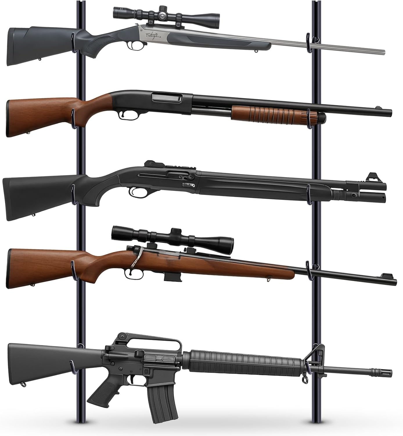 Zonon 2 Pcs Gun Racks for Wall Holds up 5 Guns Adjustable Steel Gun Rack Wall Mount Rifle Shelf Display Stand for Indoor Securely Hold, Fishing Rod Pole Rack