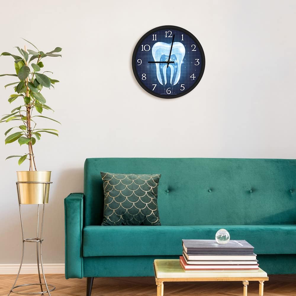 Geek Alerts Tooth Voice Control LED Lighting Clock, Abstract Blue Dental Silent Wall Clock 12inch Metal Frame Hanging Watch for Dentist Clinic Office Decor (Sound Control LED Light with Metal Frame)