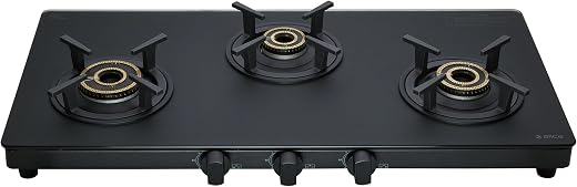 Elica 77cm 3 Burner Gas Stove | High Efficiency Vertical Direct Flame | Matt Finish Toughened Glass | 5 Yr Glass Warranty | MATT ONYX 773 CT VETRO BK