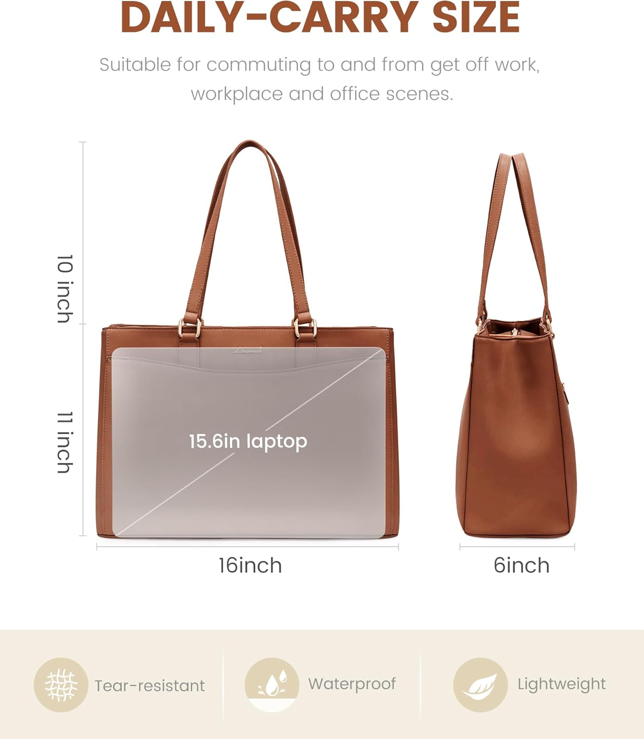 LOVEVOOK Tote Bag for Women Work, Laptop Bag Teacher Tote Bags, Waterproof Leather Computer Bag, Business Laptop Purse Office Handbag Professional Briefcase, 15.6 Inch, Brown - Image 8