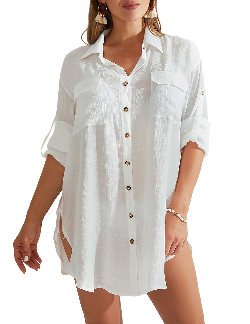 BsubseachBathing Suit Cover Up for Women Long Sleeve Shirt Dress Button Down Beach Top