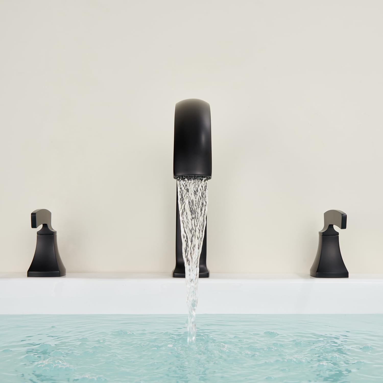 Roman Tub Faucet Deck Mount Tub Filler Waterfall Black Bathtub Faucets 3 Hole Brass Bathroom Faucets with 2 Handles