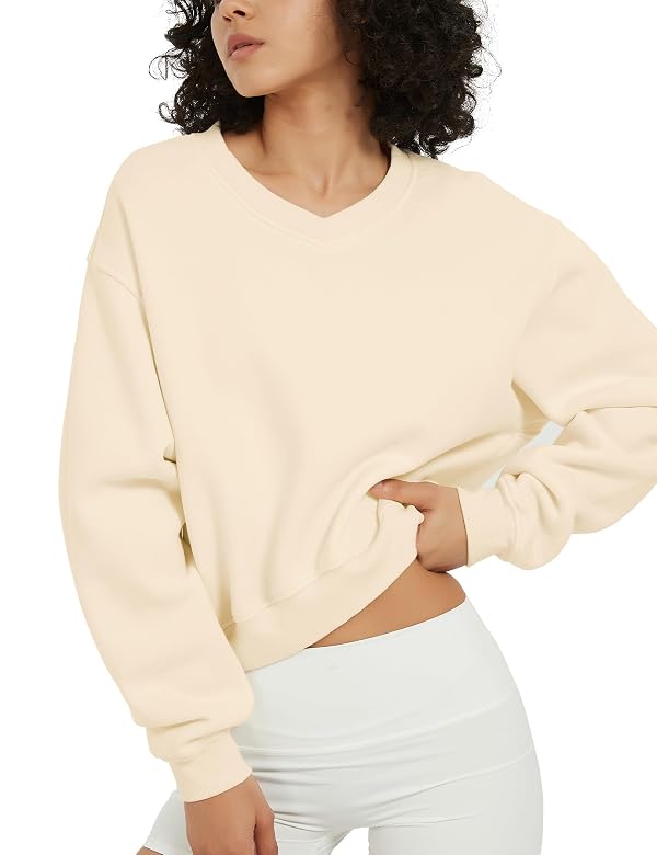 Hatant Crop Sweatshirts for Women Cream Fashion Hoodies & Sweatshirts Soft Fleece Vintage Pullover for women Gym Athletic Workout Hoodie Sweaters Sweat Shirts,Cream,Small by Hatant - Used condition - Image 4
